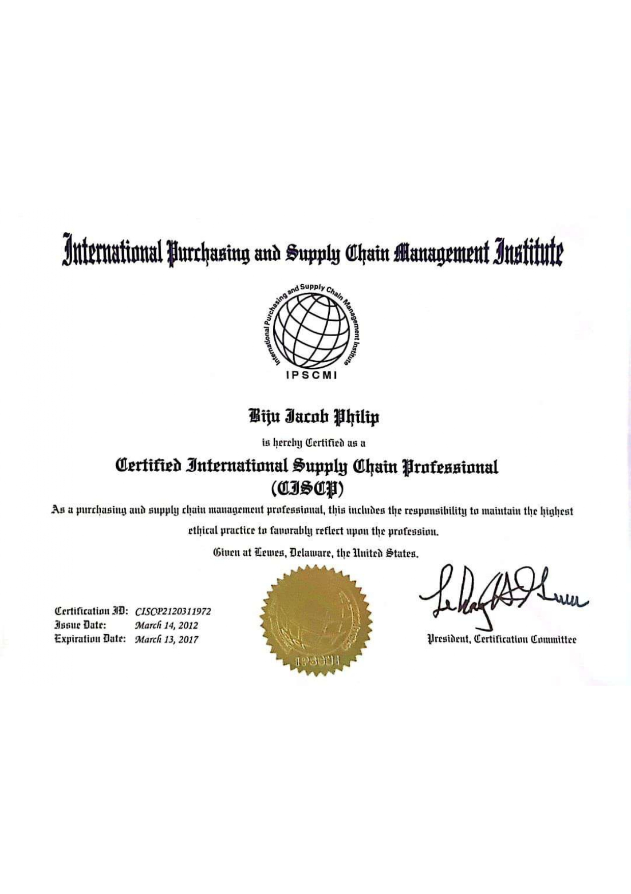 Certified International Supply Chain Professional (CISCP by IPSCMI)